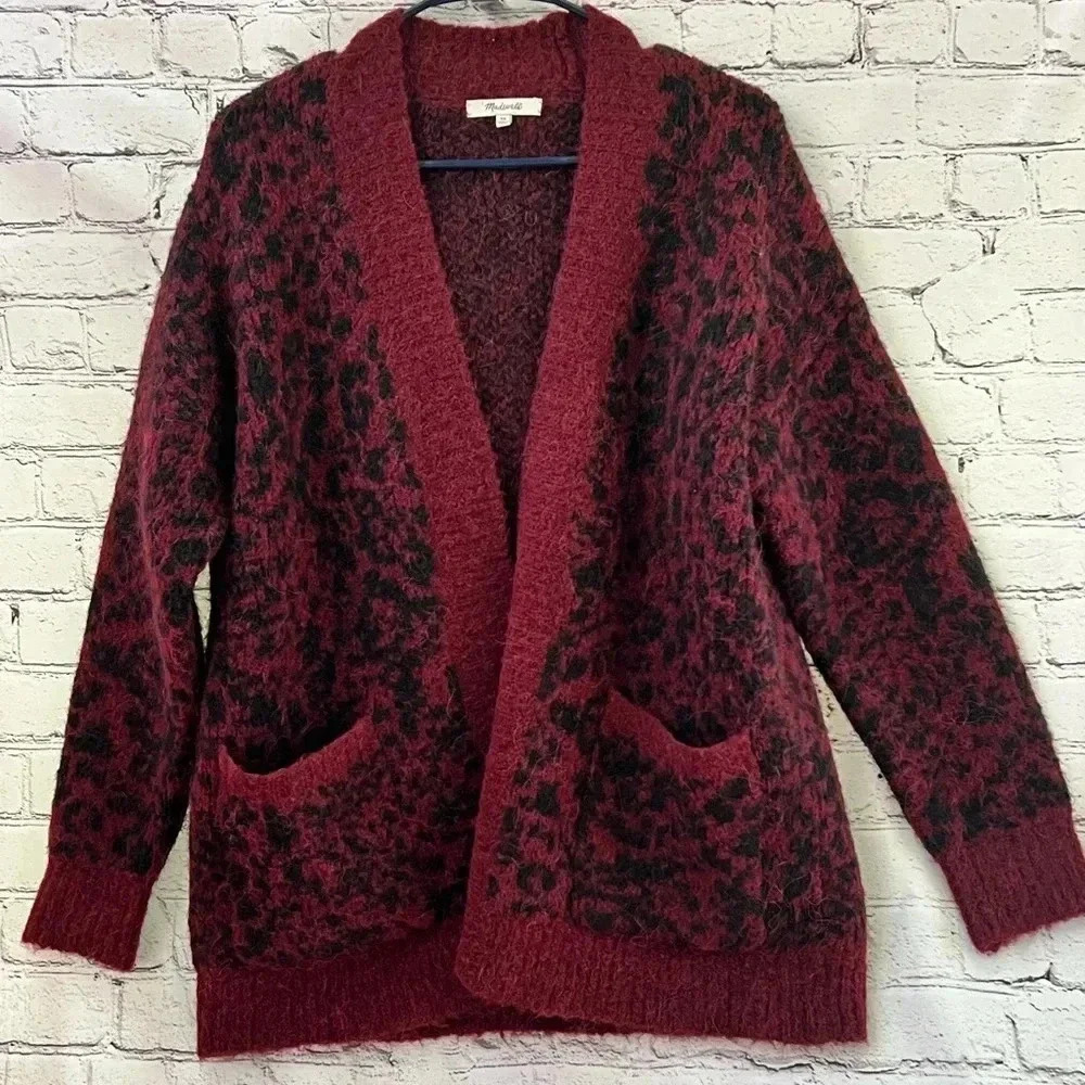 Madewell Alpaca Merino Wool Burgundy Animal Print Open Front Cardigan Oversized